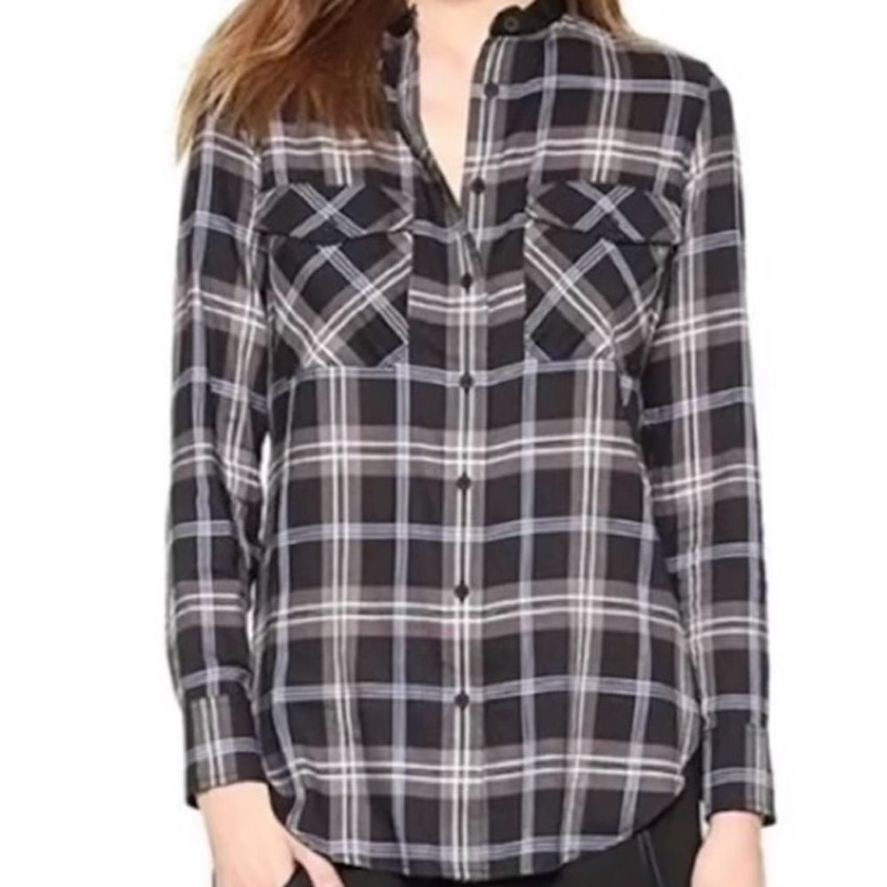 Vince Black Blue Grey Plaid Button Down Lamb Leather Trim Long Sleeve Top Sz 4